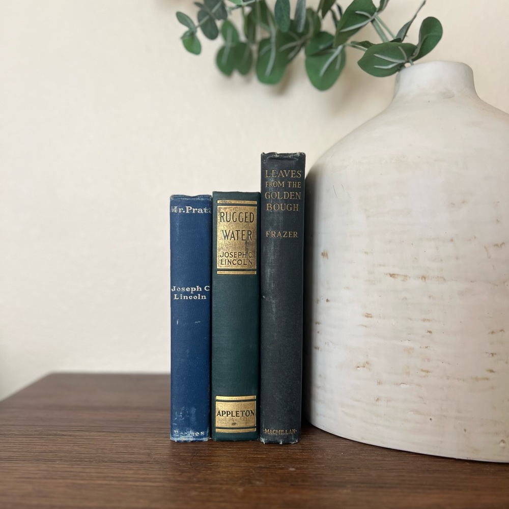 Antique Book Trio in Blue, Green Clothbound novels | Vintage Decorative Set